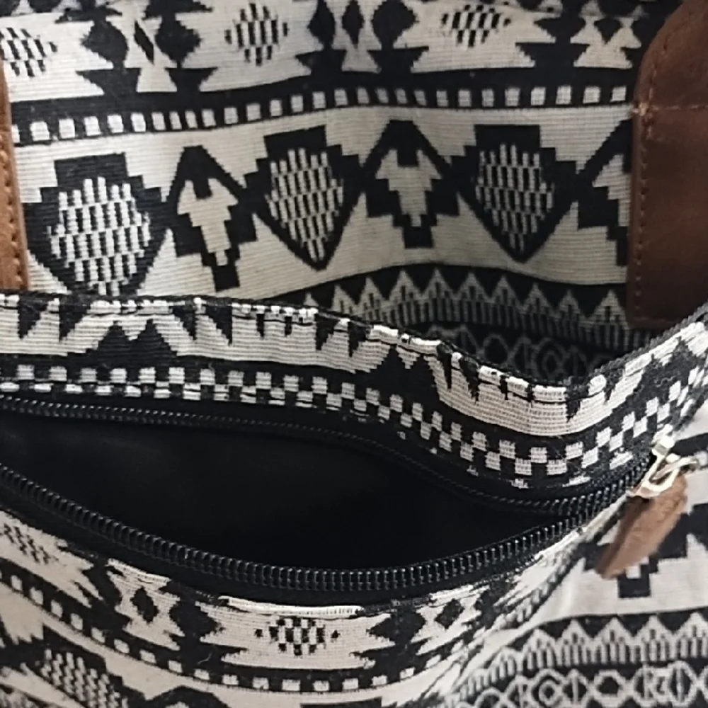 Travel Carry On Bag Brown with Black & Ivory Woven Texured Pattern Bag Large